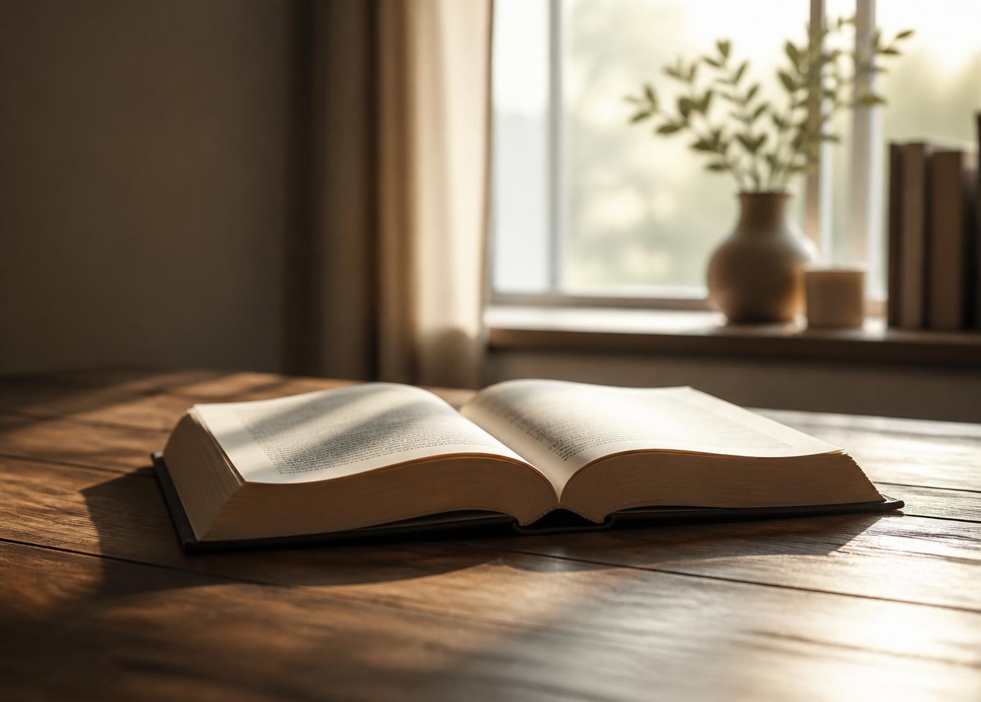 Biblia abierta sobre una mesa de madera con luz natural