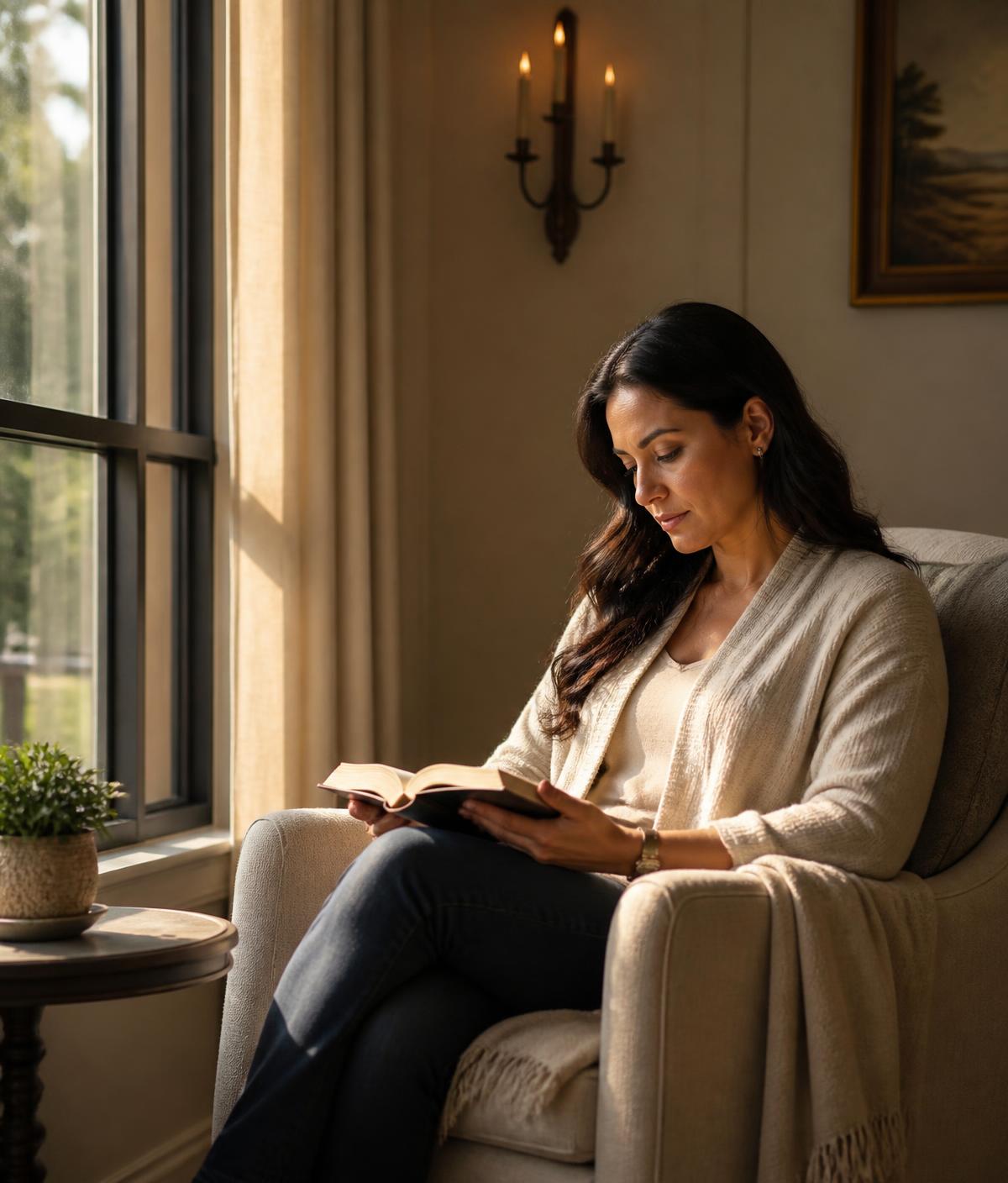 Mujer adulta leyendo la Biblia en un rincón tranquilo de su casa